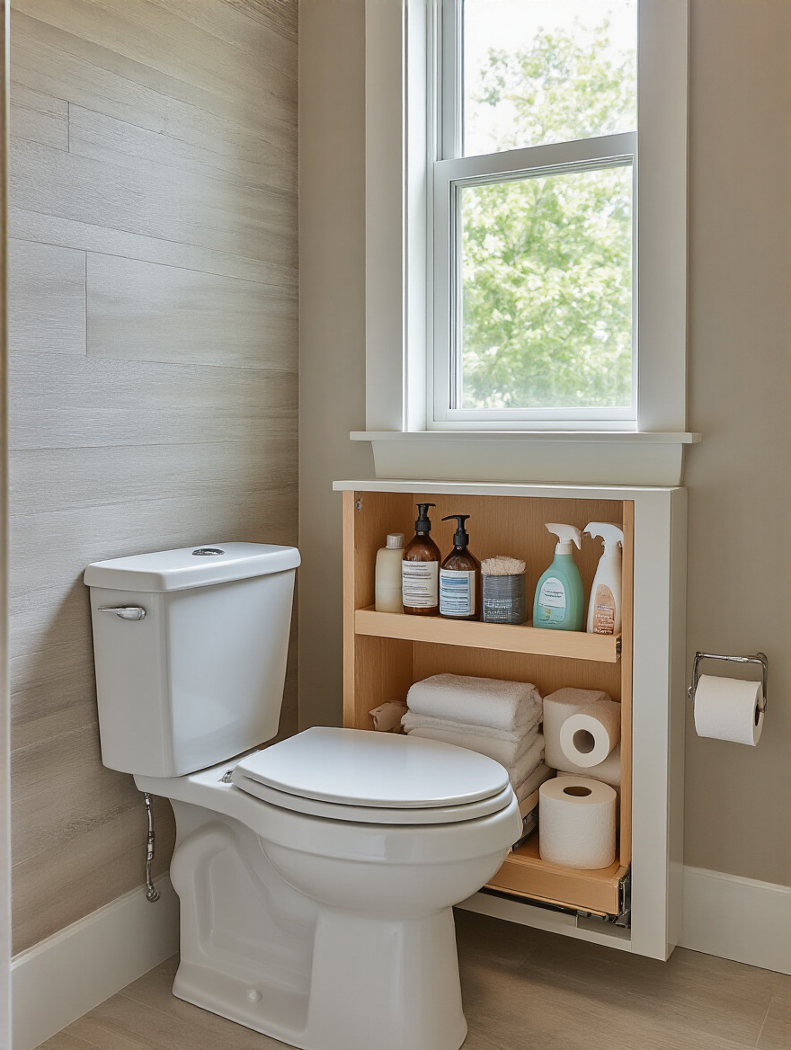 Slim custom pull-out storage unit fitted perfectly in a narrow bathroom gap with organized toiletries
