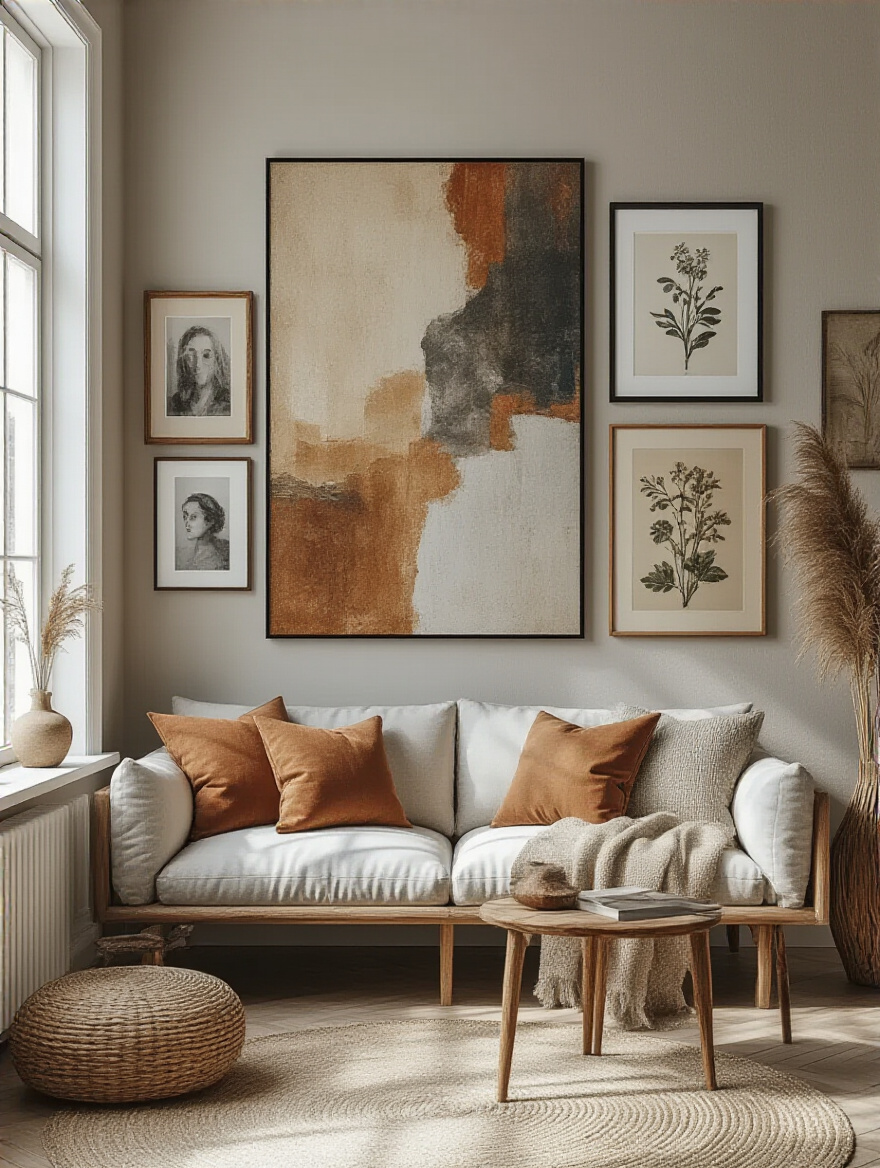 Gallery wall in living room with mixed art sizes and frames creating dynamic visual interest and depth