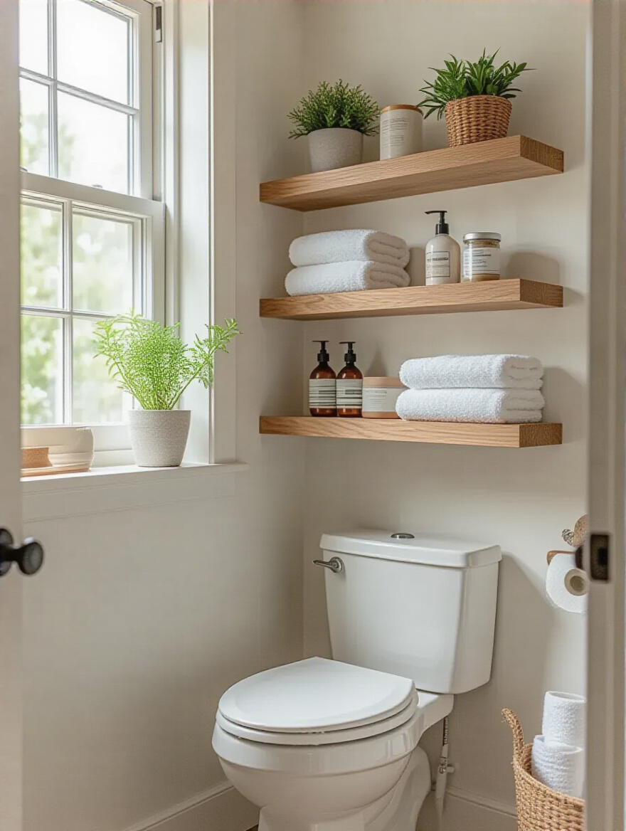 Floating oak wood shelves mounted on bathroom wall holding toiletries and towels in a small bathroom