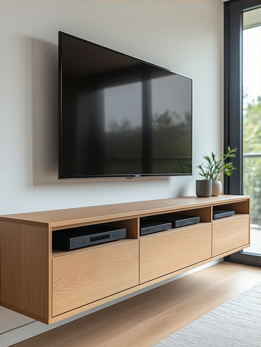 Stylish wall-mounted TV console under flat screen TV in modern living room with clean cable management