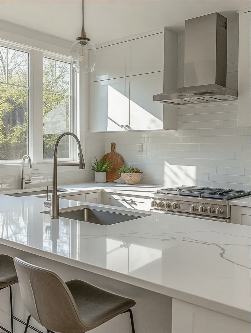 Bright modern kitchen with white quartz countertops, seamless edge, and clean minimalist cabinetry.