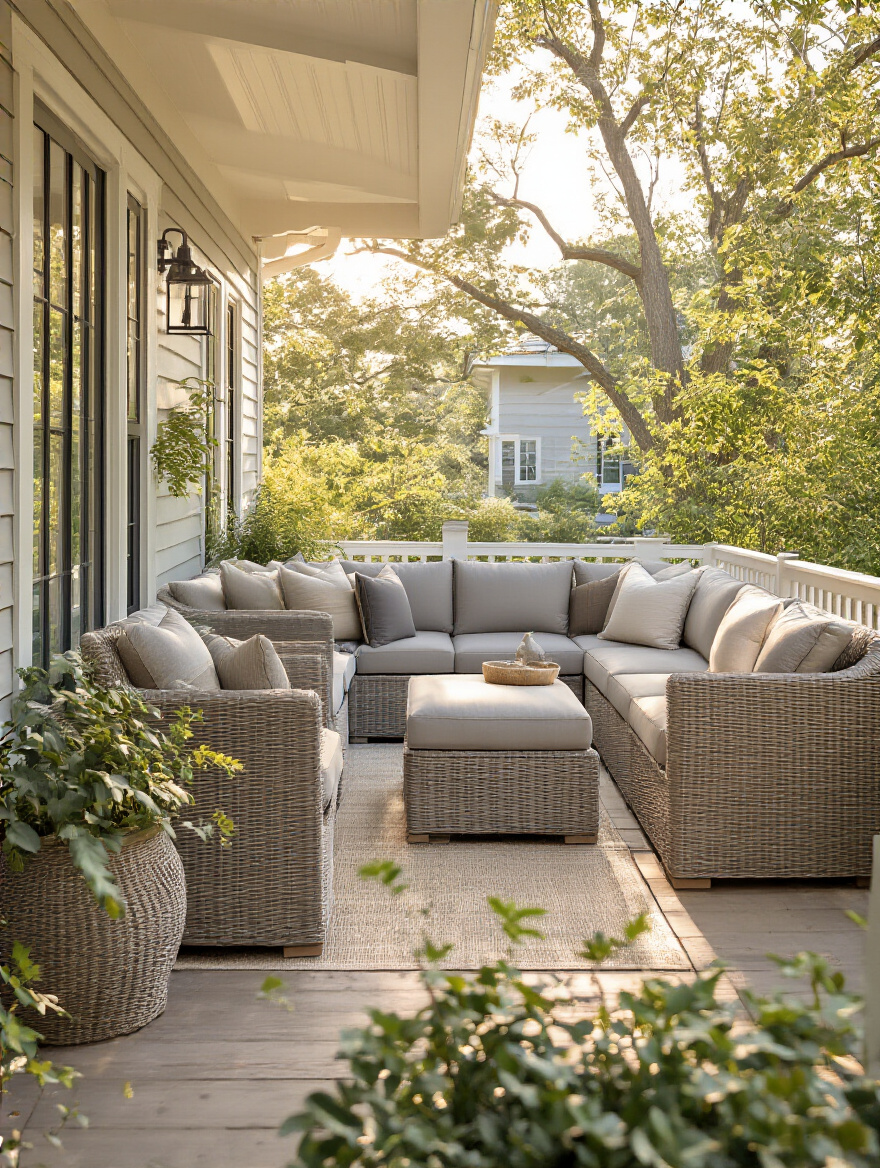 Small back porch with modular outdoor furniture arranged in L-shape showing space-saving design and versatility