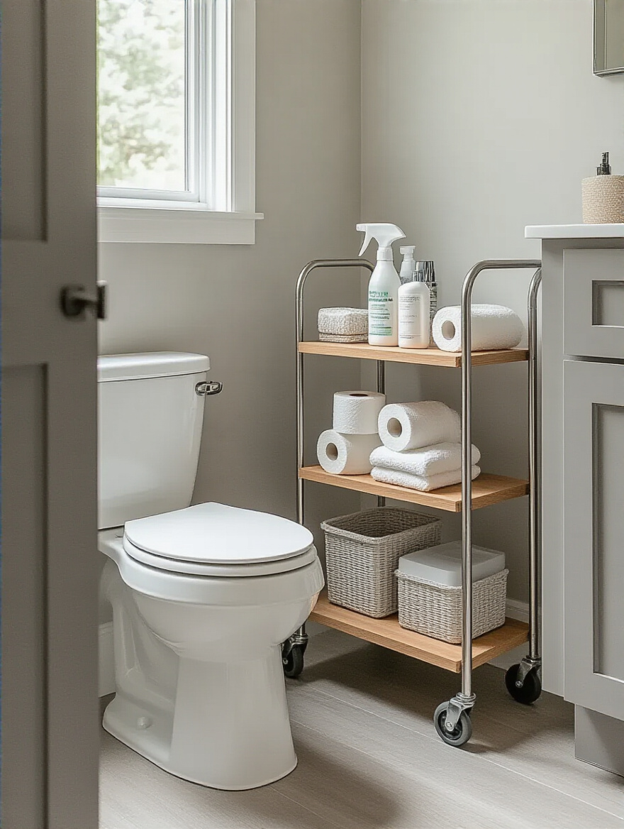 Slim rolling cart fitted into narrow bathroom gap holding organized essentials