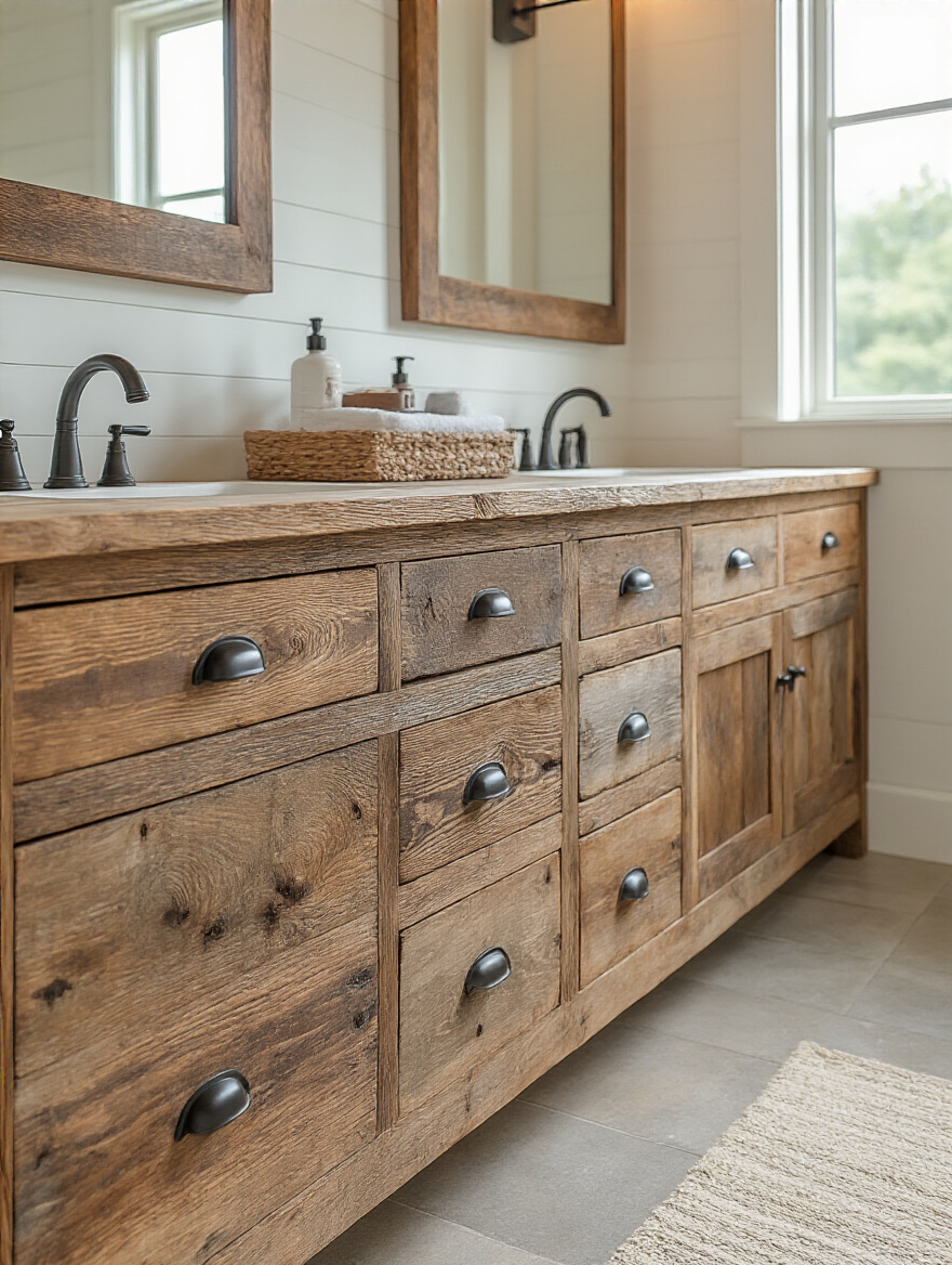 Farmhouse bathroom featuring a reclaimed wood vanity with multiple drawers and cabinets for ample storage, illuminated by natural light