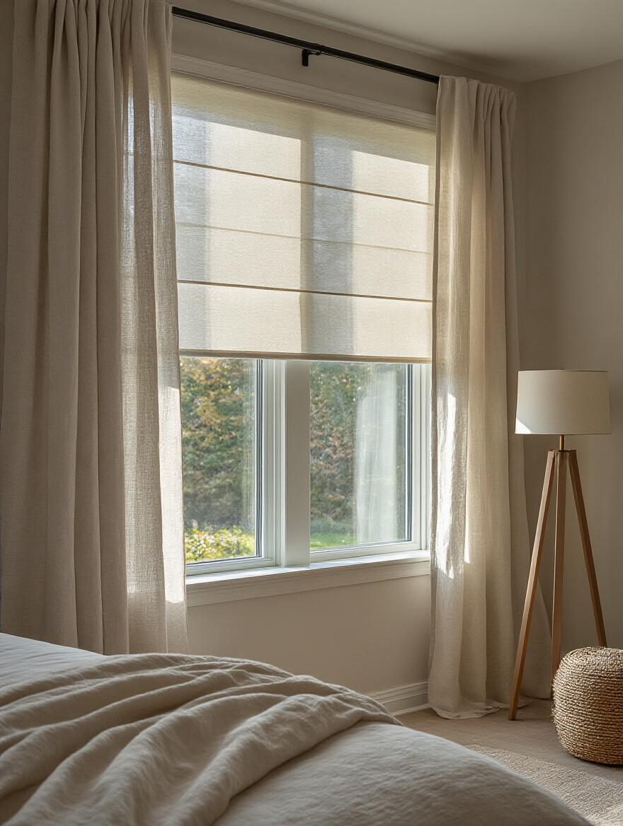 Modern bedroom window with layered blackout roller shades and sheer linen drapes, demonstrating optimized light control and privacy.