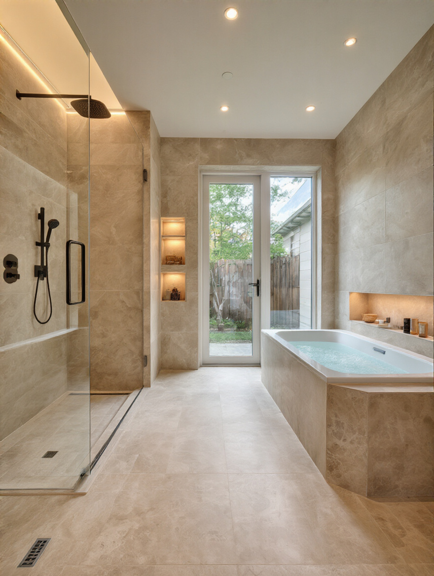 Luxurious open-plan wet room with seamless floor-to-ceiling tiles and glass partitions