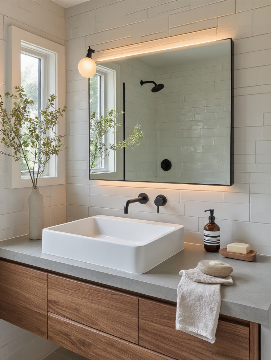 Portrait photo of a modern bathroom showing an undermount sink integrated into a gray stone countertop, matte black faucet, and walnut vanity that harmonize with surrounding tile and finishes.