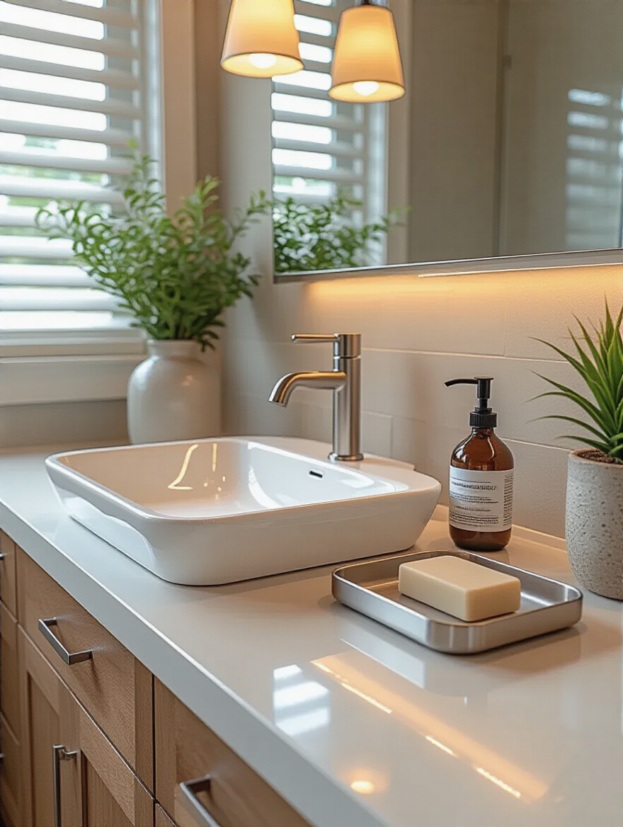 Close-up portrait view of a modern bathroom vanity showcasing solid surface and quartz-composite sinks with brushed stainless-steel accents under soft natural and warm recessed lighting