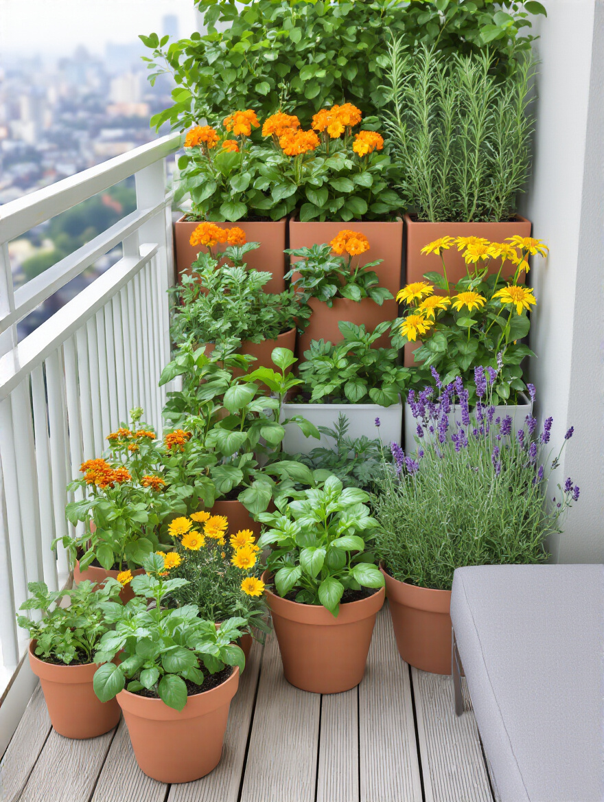 Vertical balcony garden portrait with scented herbs and citronella plants for natural pest control