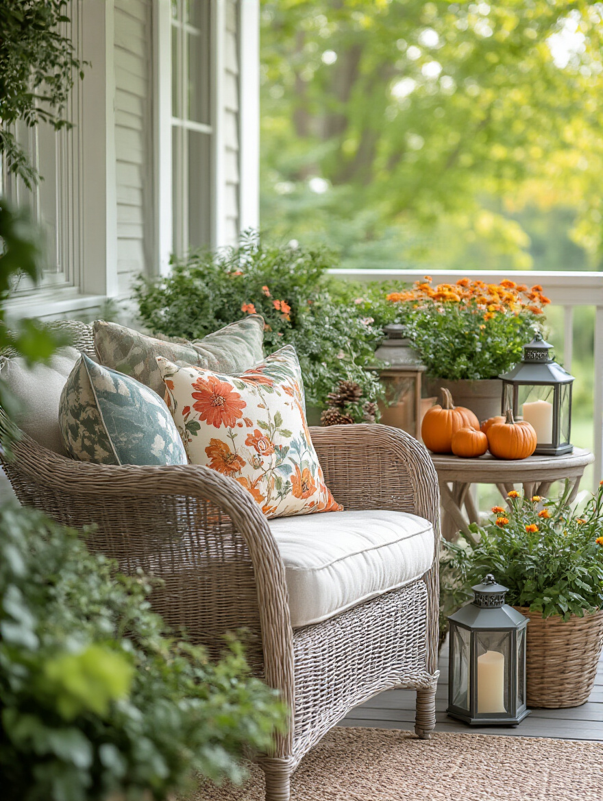 Back porch decorated with seasonal decor swaps featuring neutral furniture, vibrant pillows, potted plants, and decorative lanterns in natural morning light