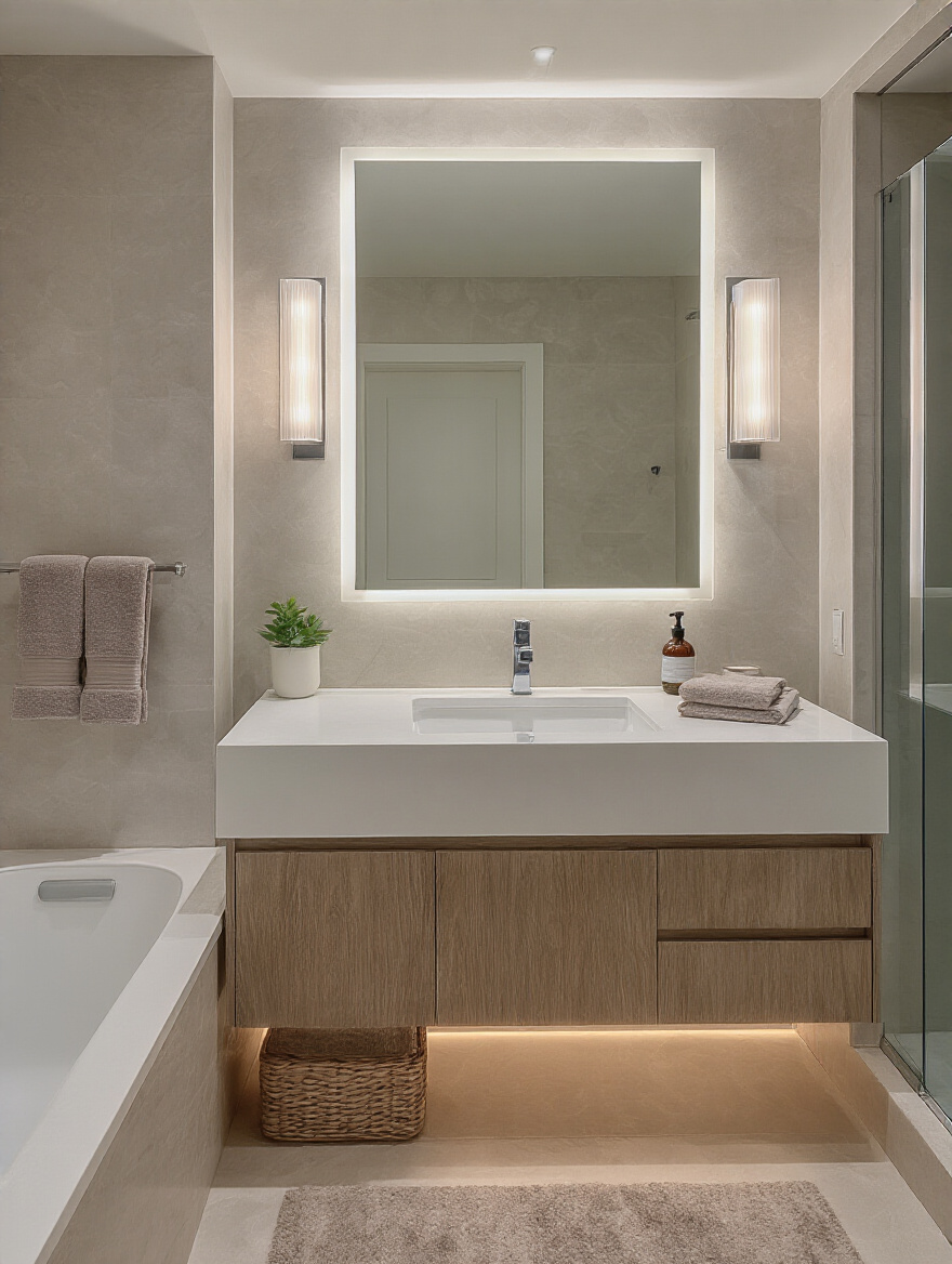 Well-lit bathroom vanity with layered sink-area lighting: integrated backlit mirror, vertical LED bars, recessed ceiling lights and under-cabinet LED glow