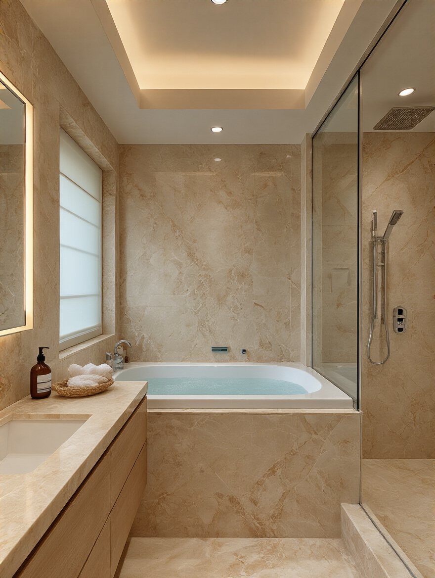 Portrait of a luxury bathroom with integrated smart home controls and ambient lighting