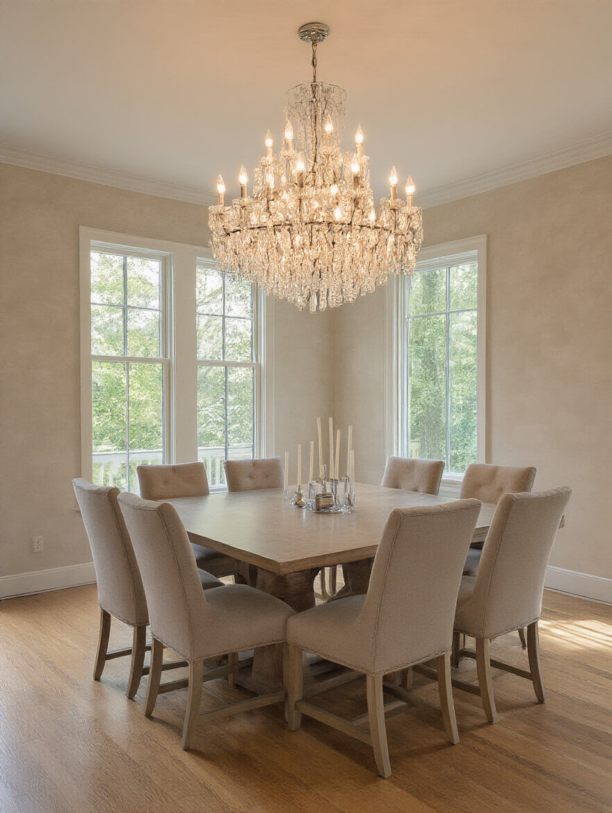 Dining room with a proportionally sized chandelier centered above a rectangular table