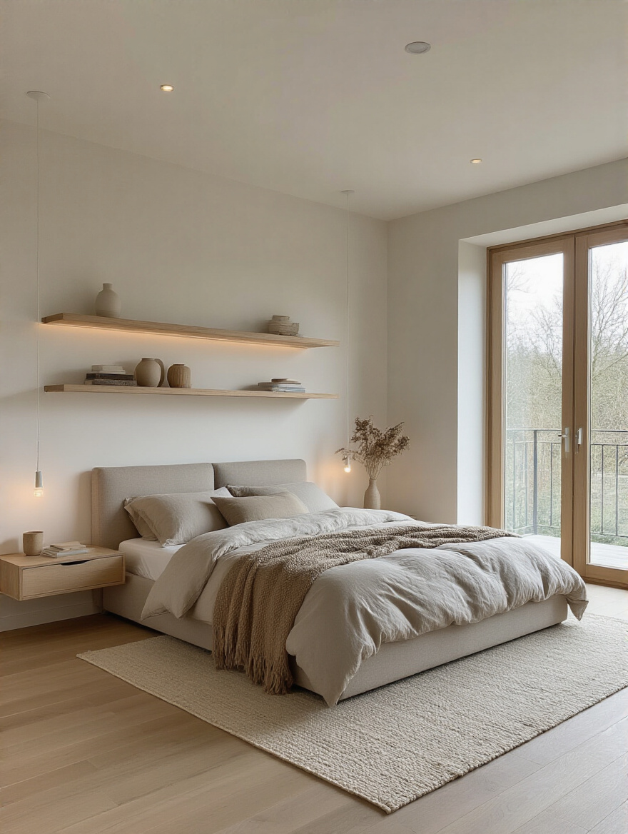 Modern bedroom with minimalist decor and ample open space emphasizing decluttering