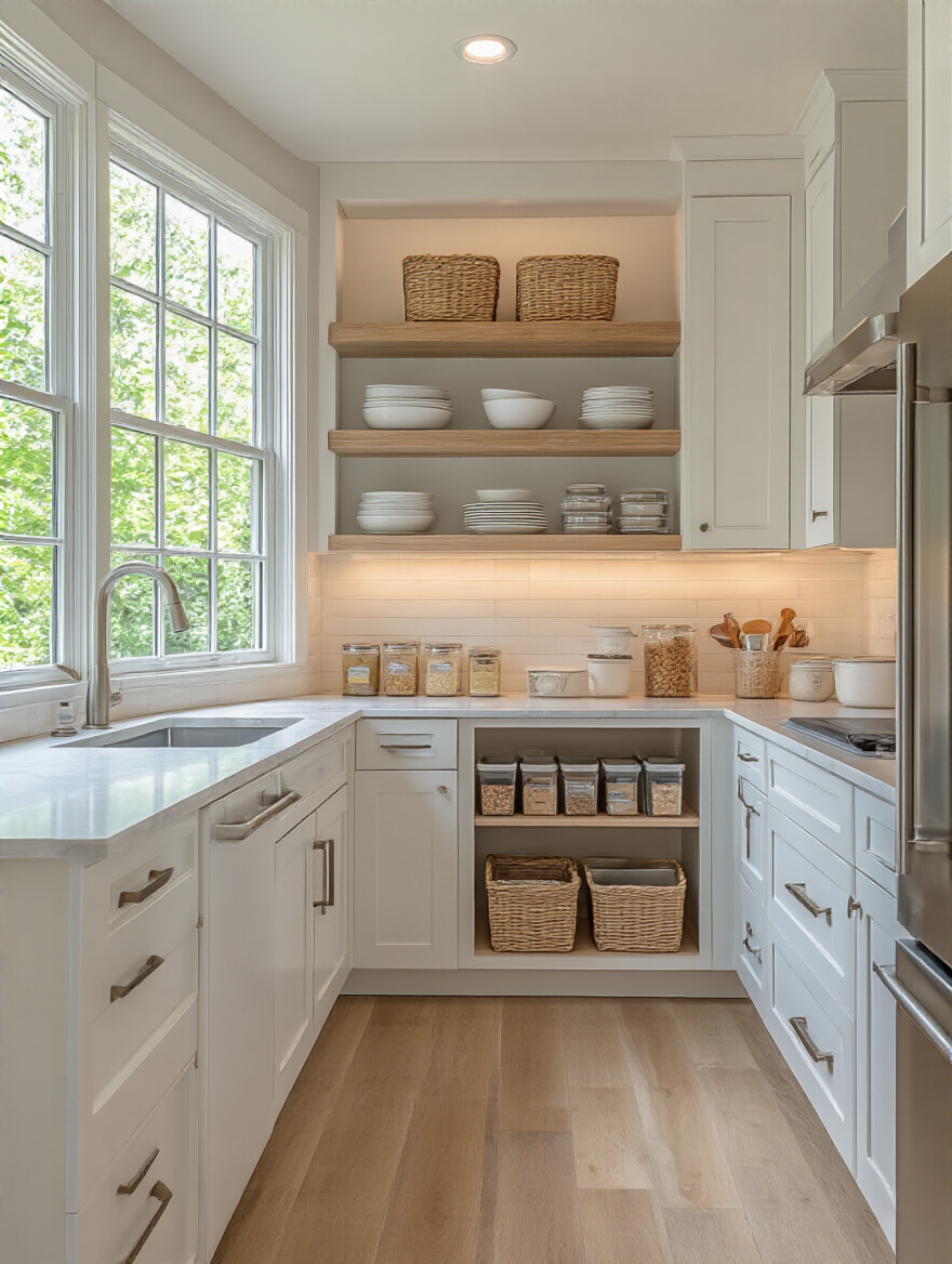 Vertical shot of a small, organized kitchen with optimized storage and warm lighting