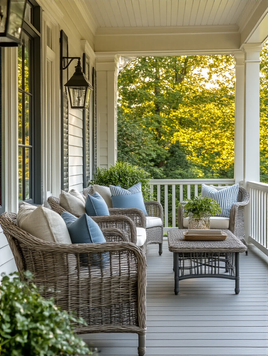 Back porch featuring weather-resistant furniture and decor materials in natural light with no people