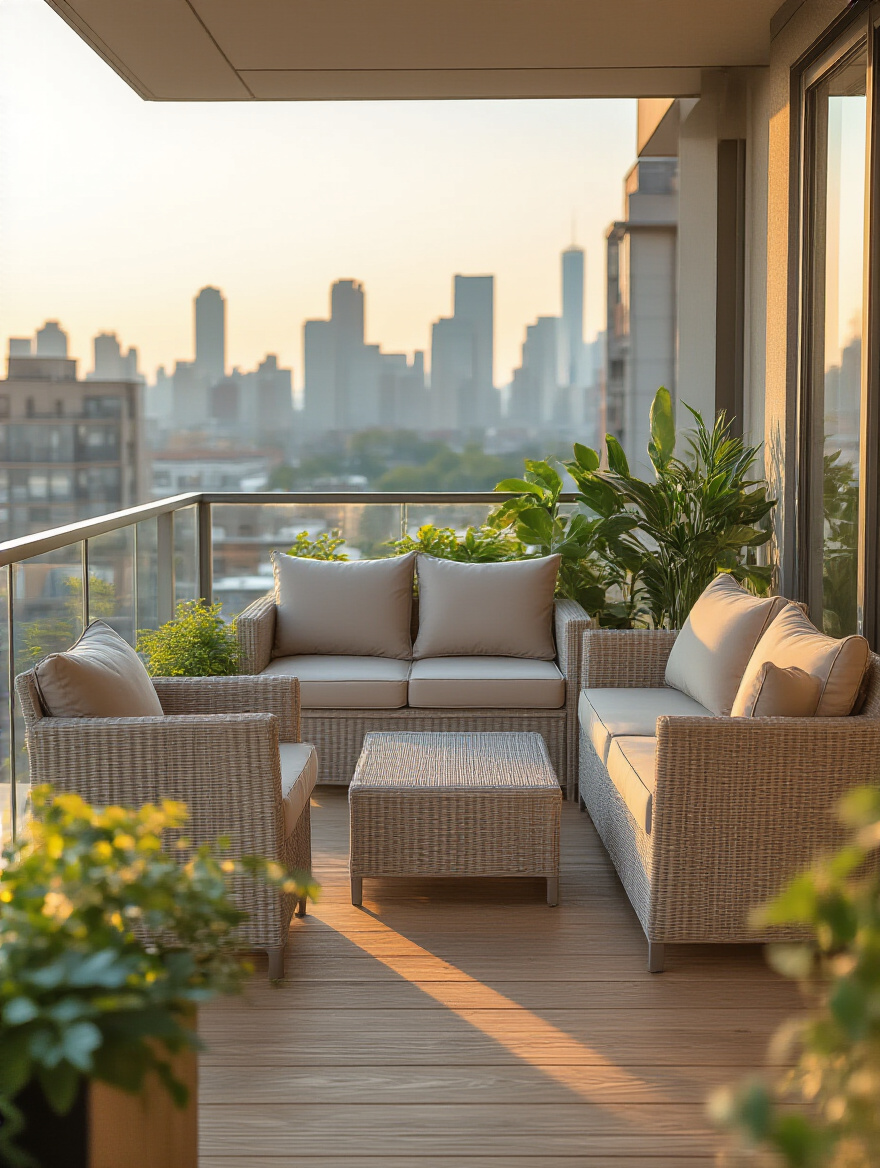 Vertical balcony scene with UV-resistant covers protecting outdoor furniture on a sunny balcony; warm light and potted plants.