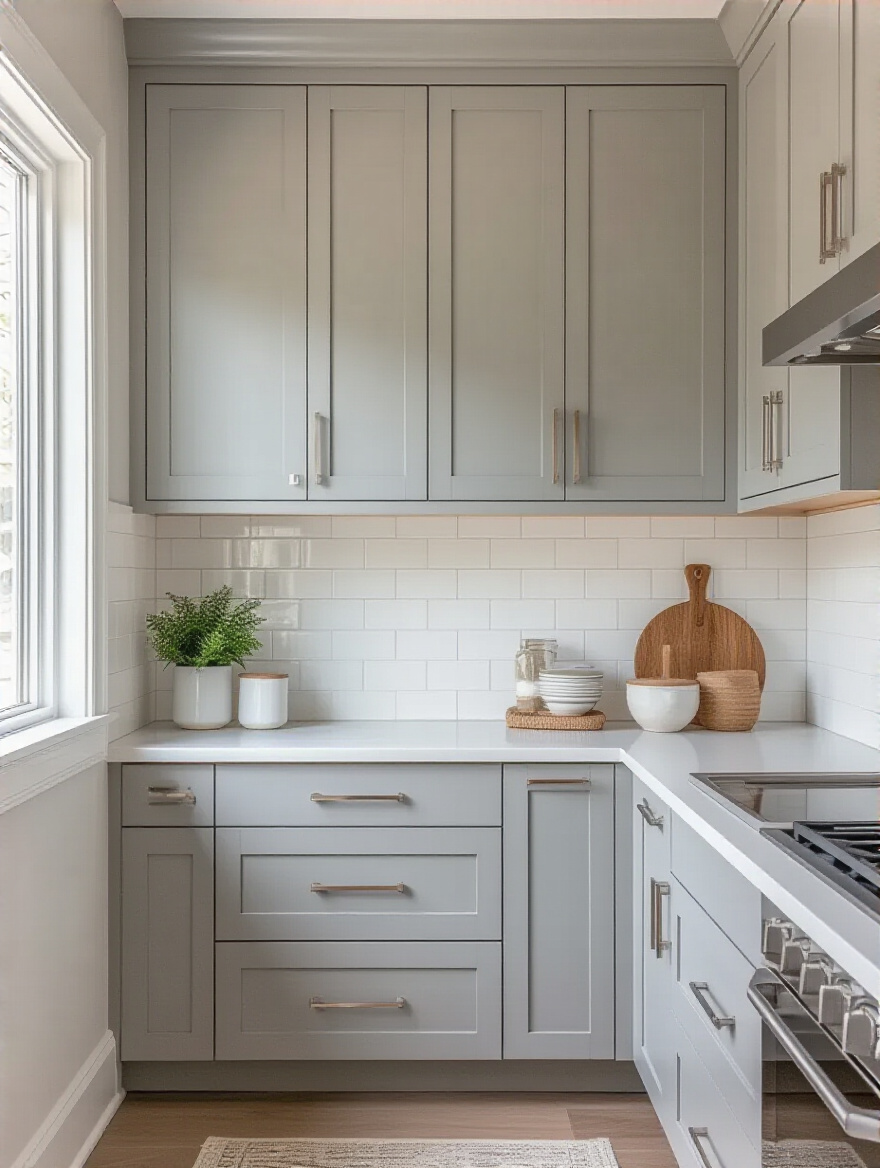 Vertical portrait of a modern kitchen with refaced cabinets, shaker doors, and warm lighting.