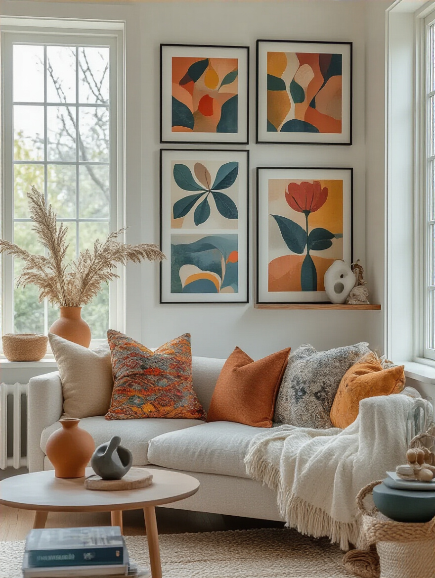 Living room corner with gallery wall featuring rotating framed art and colorful decorative accents in a bright, stylish setting