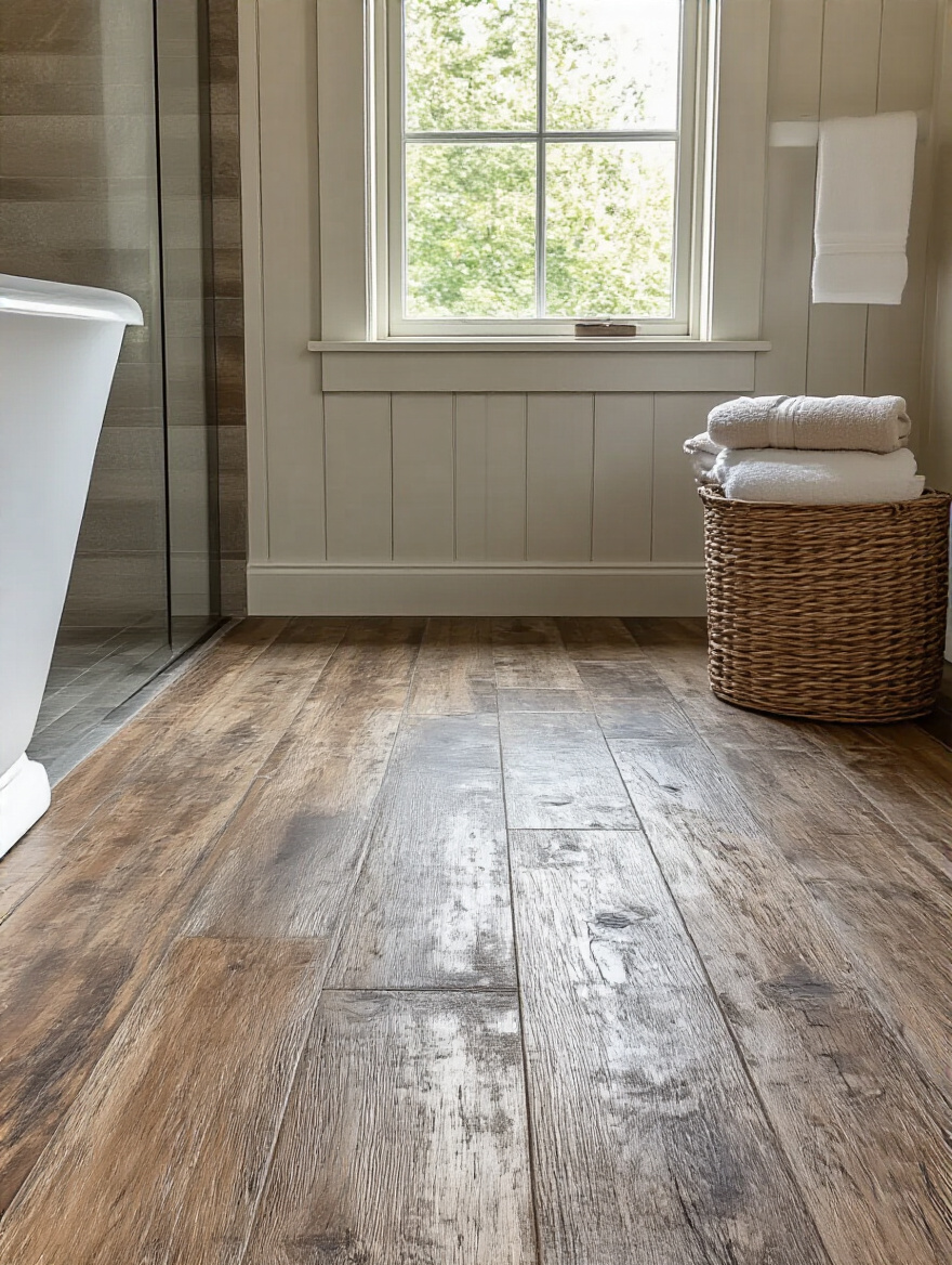 Close-up portrait of rustic distressed wood-look tile flooring in a farmhouse bathroom with natural light highlighting texture