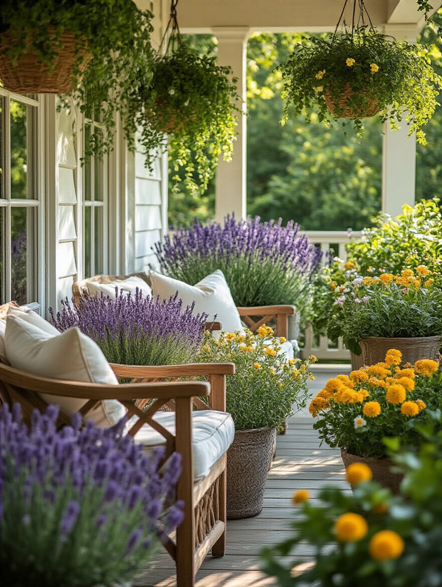 Elegant back porch with potted scented plants including lavender and jasmine arranged around a cozy seating area in warm afternoon light