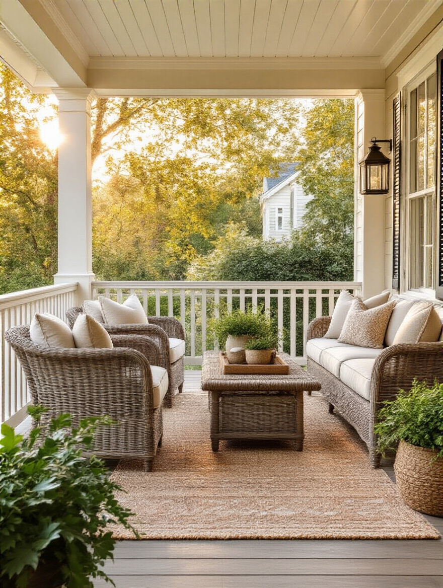 Back porch with cohesive design style, coordinated outdoor furniture and decor, inviting and harmonious setup