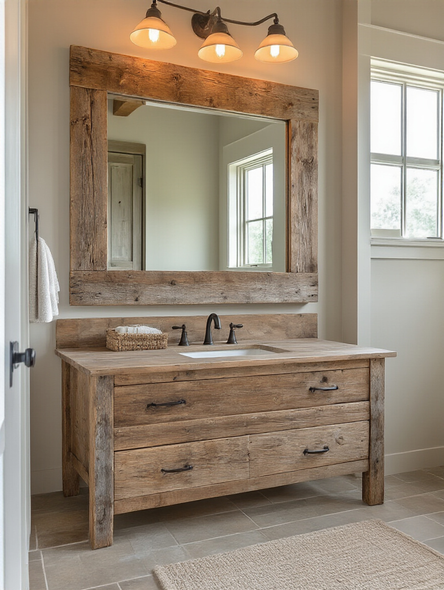 Large wood-framed mirror above rustic vanity in a bright farmhouse bathroom