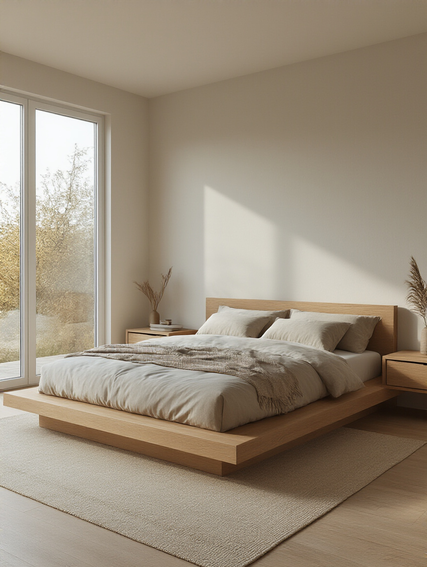 Modern bedroom with a low-profile platform bed in natural wood, minimalist decor, and soft natural lighting