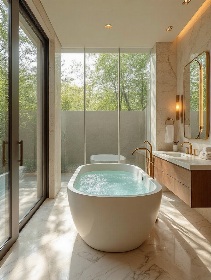 Luxurious bathroom with floor-to-ceiling electrochromic privacy glass wall, no people
