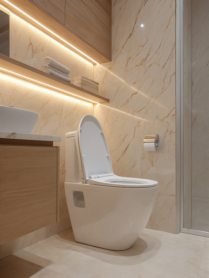 Portrait of a luxurious bathroom with a high-tech smart toilet, soft lighting, and marble surfaces.