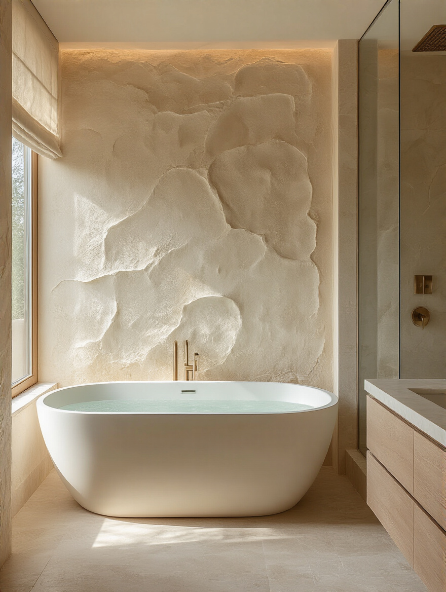Luxurious bathroom with a textured plaster wall showing organic depth and grazing light