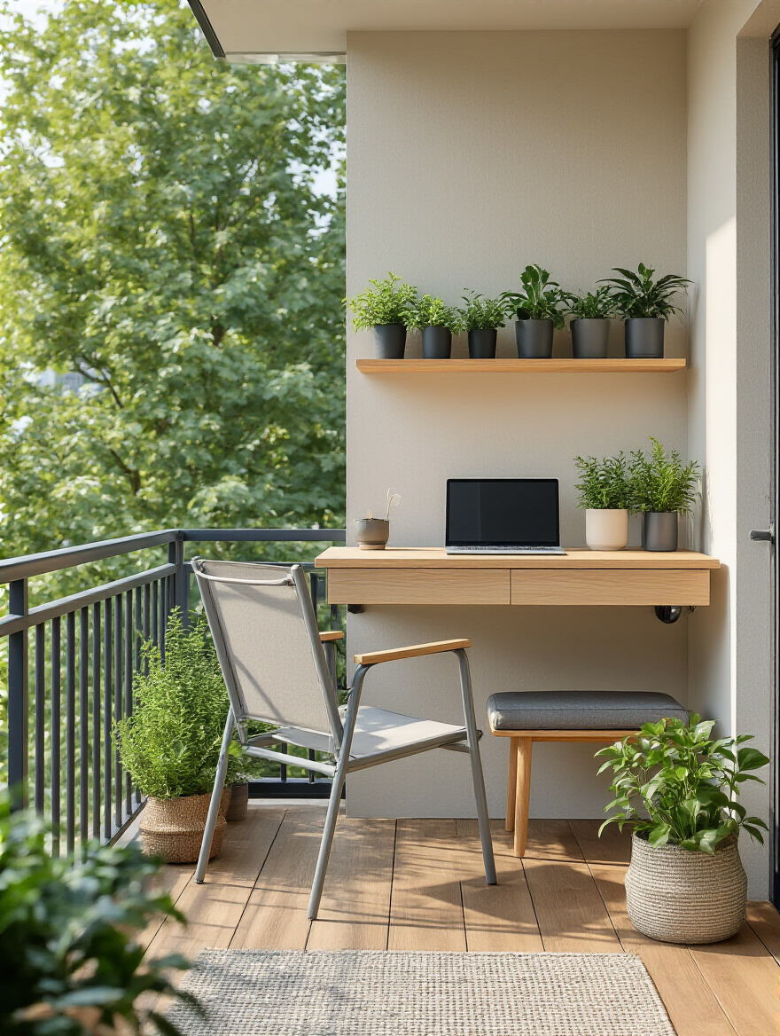 Portrait view of a minimalist outdoor balcony workspace with fold-down desk, ergonomic chair, and potted plants.