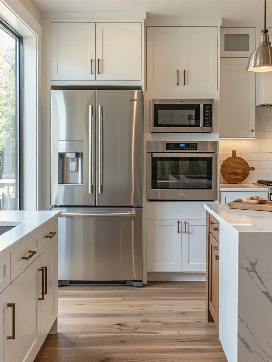 Vertical portrait of a modern, clutter-free kitchen with stainless appliances and warm wood accents, illustrating off-season sales concept