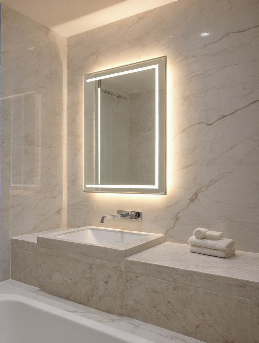 Portrait of a luxury bathroom with a floating mirror featuring integrated LED backlighting halo