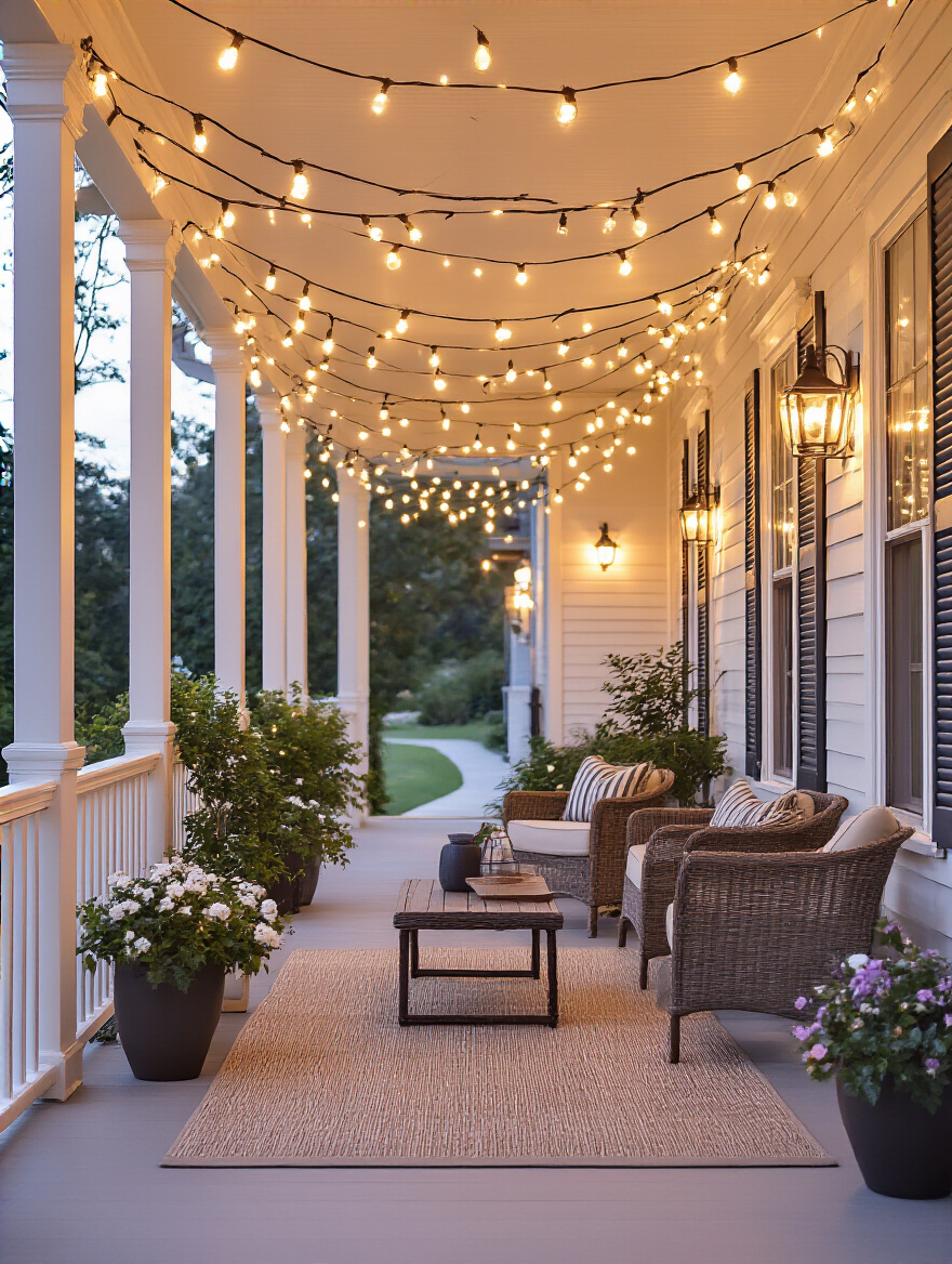 Cozy back porch illuminated by strategically placed warm outdoor lighting creating evening ambiance