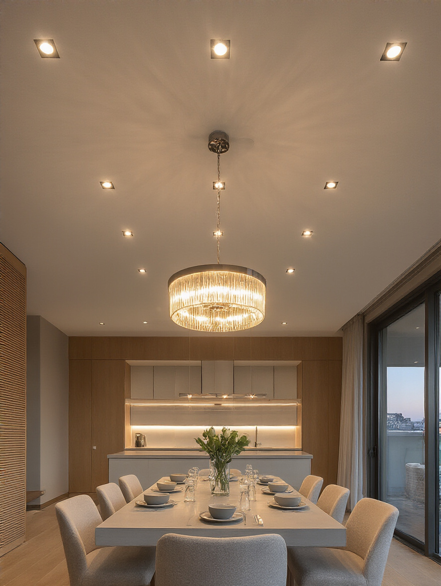 Vertical dining room with evenly spaced recessed LEDs providing ambient fill and a central chandelier