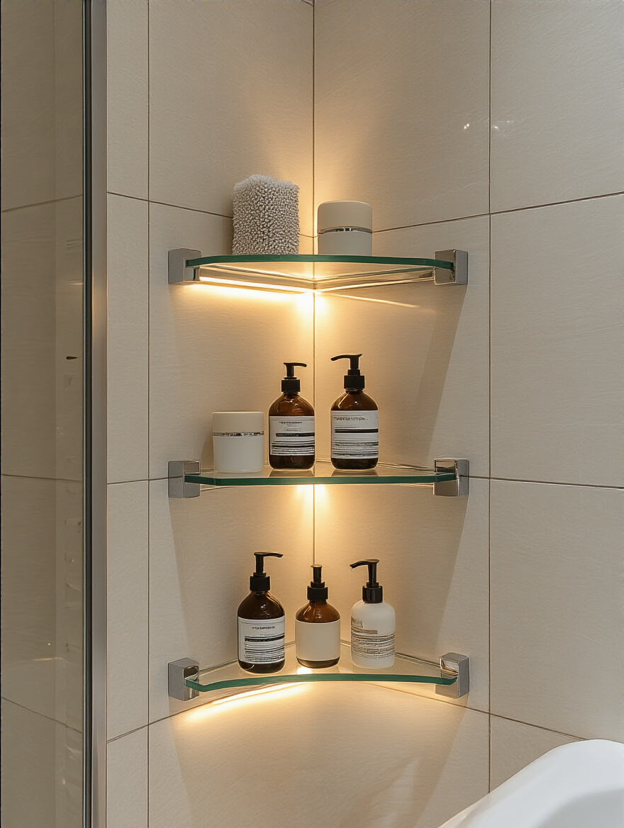 Triangular wall shelf units installed in a small bathroom corner holding toiletries and decorative items