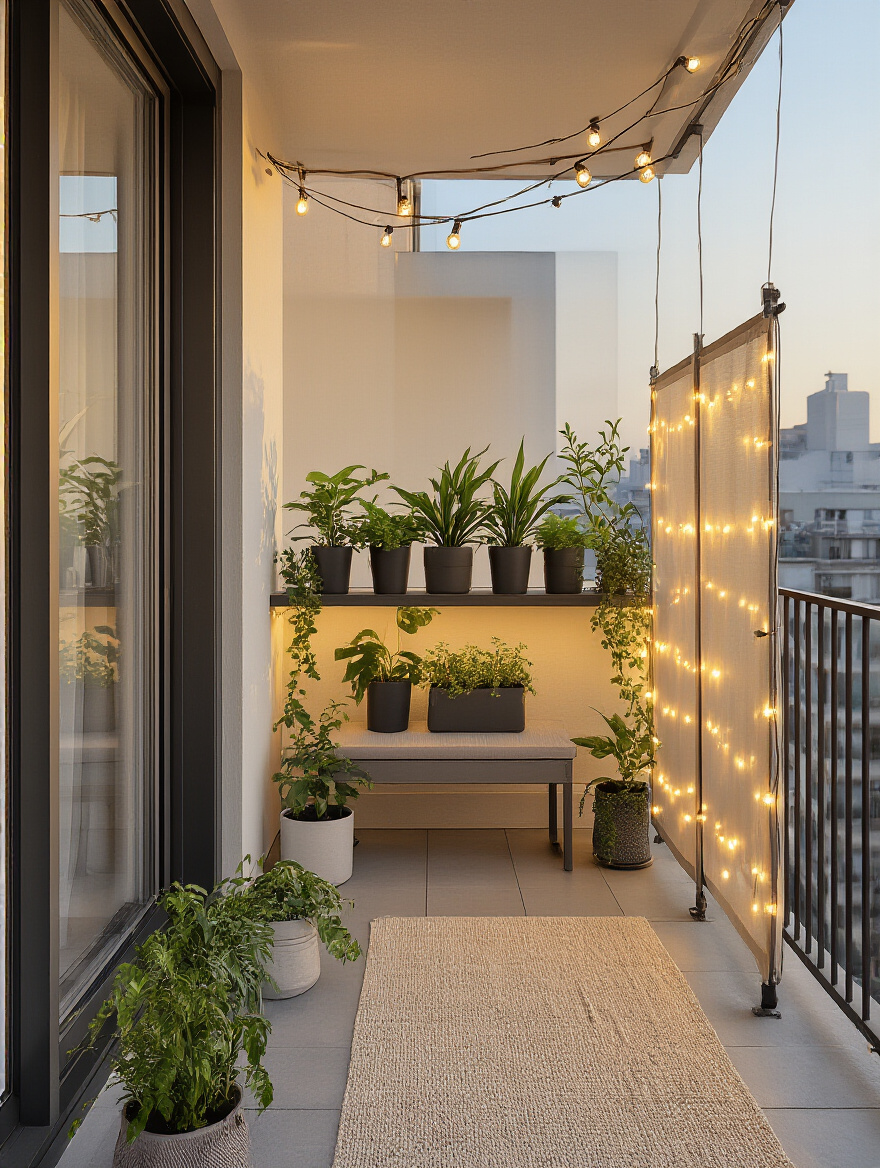 Portrait of a compliant balcony setup with plants, removable screen, and string lights
