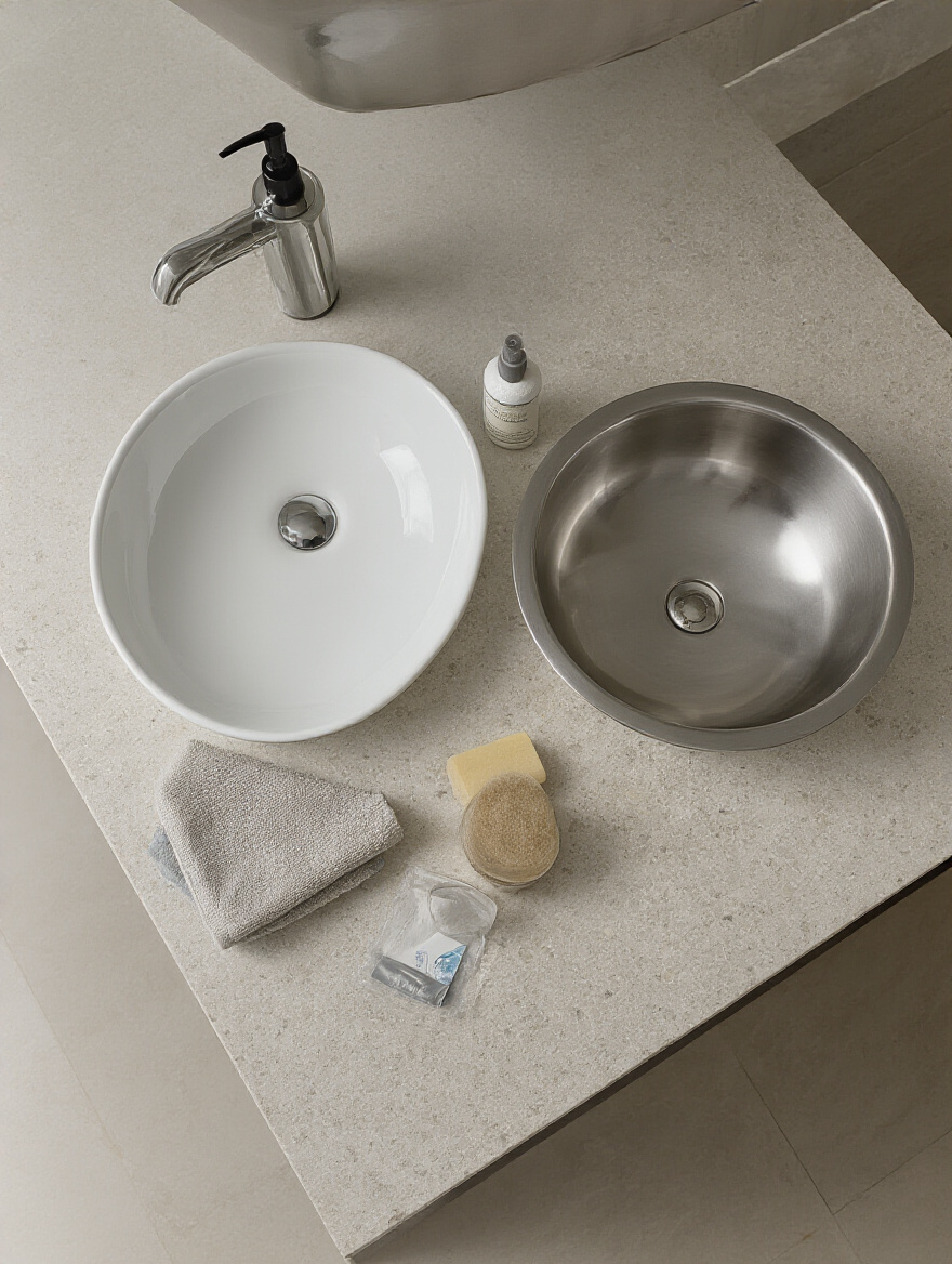 Vertical photo of three bathroom sinks (porcelain, stainless, composite) on a quartz vanity with matching no-label cleaning items demonstrating material-specific care.