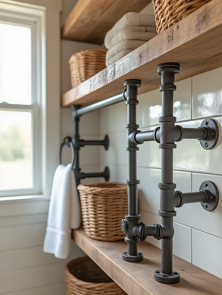 Farmhouse bathroom corner featuring vintage-inspired industrial pipe hardware with rustic wooden shelves and towel bars