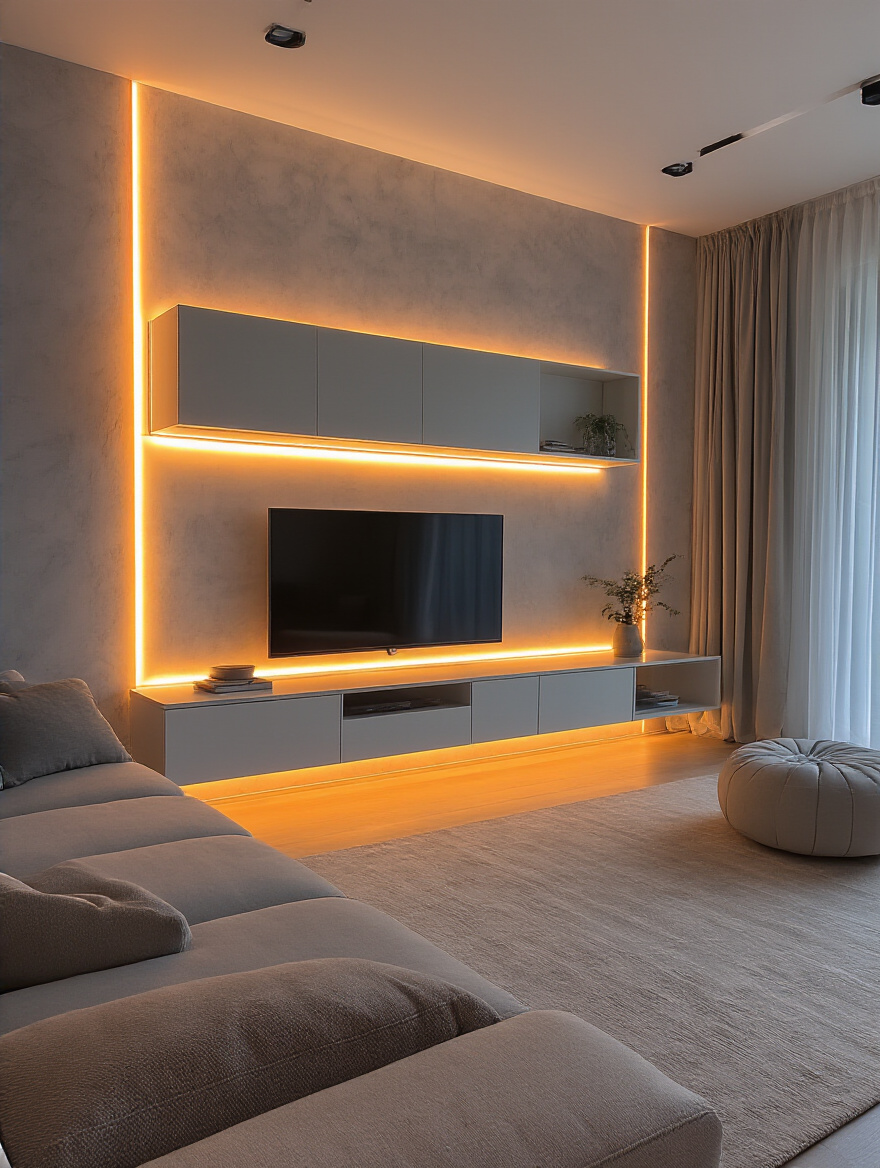 Modern living room wall with LED strip lighting providing dramatic backlighting and ambient mood lighting behind floating shelves and TV