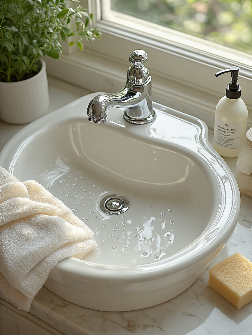 Vertical photo of a gleaming porcelain sink with a microfiber cloth mid-wipe, a soft sponge and pH-neutral cleaner on the vanity, soft natural light highlighting the glossy finish.