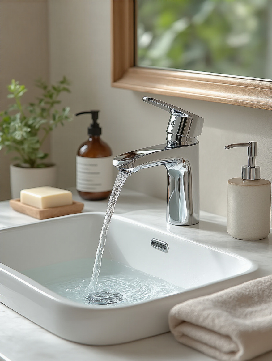 Modern bathroom sink with chrome smart faucet dispensing water, sensor LED glow and minimalist marble countertop, no people