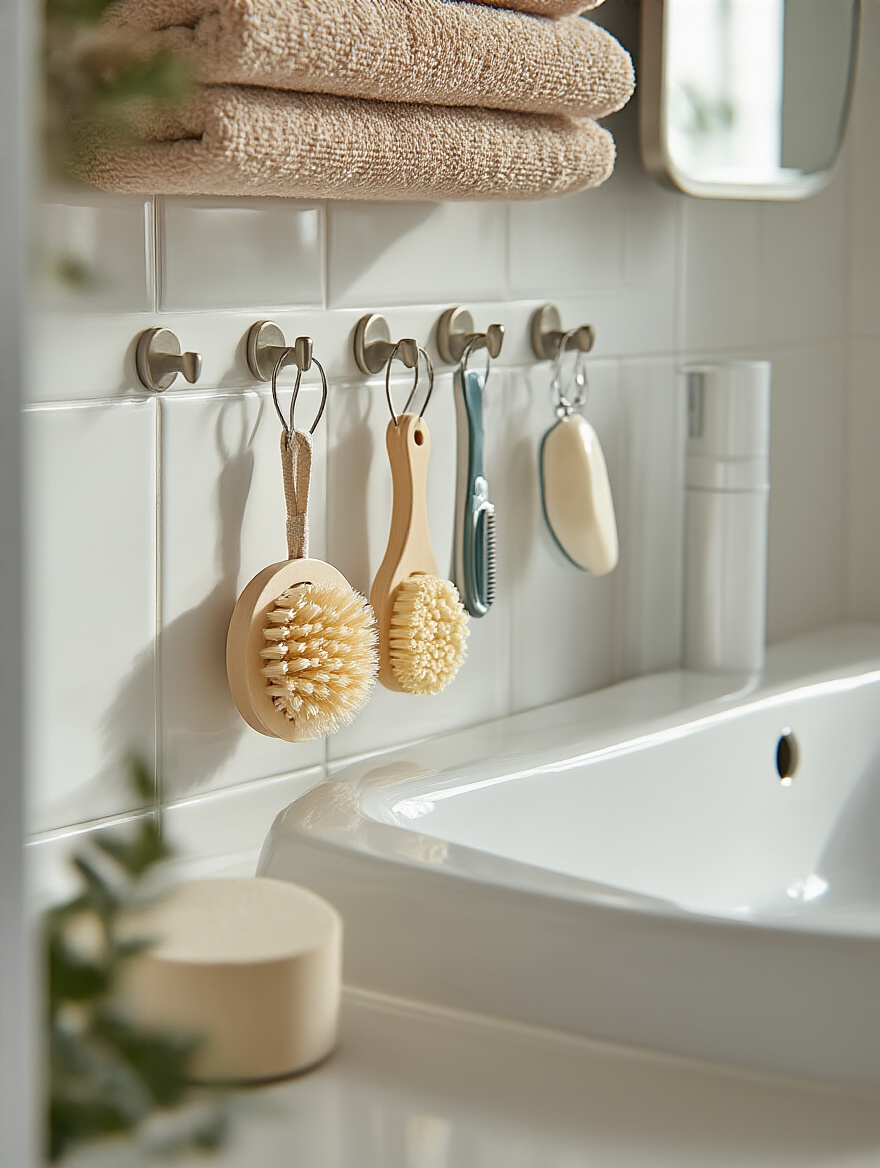 Adhesive wall hooks holding lightweight bathroom items like razors and loofahs on a tiled bathroom wall