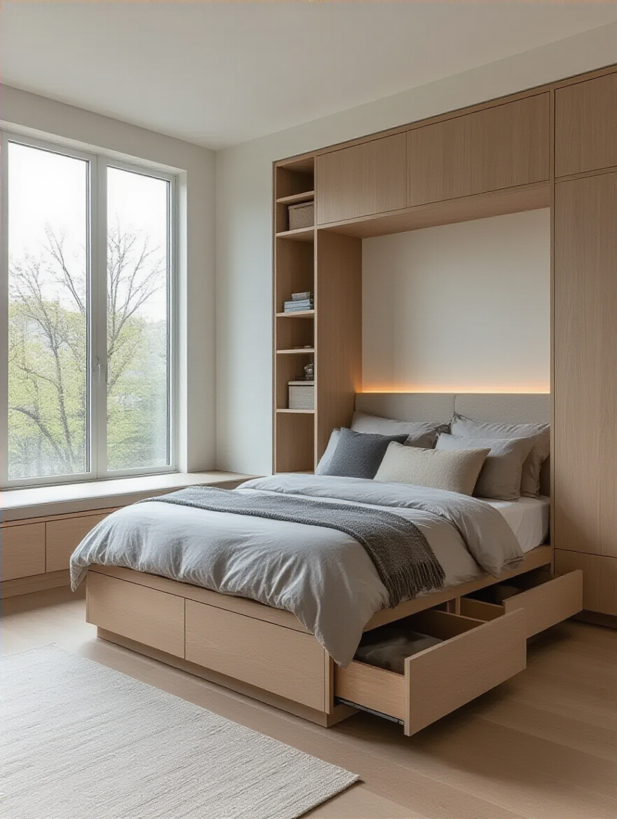 Modern bedroom with built-in hidden storage and pristine uncluttered surfaces