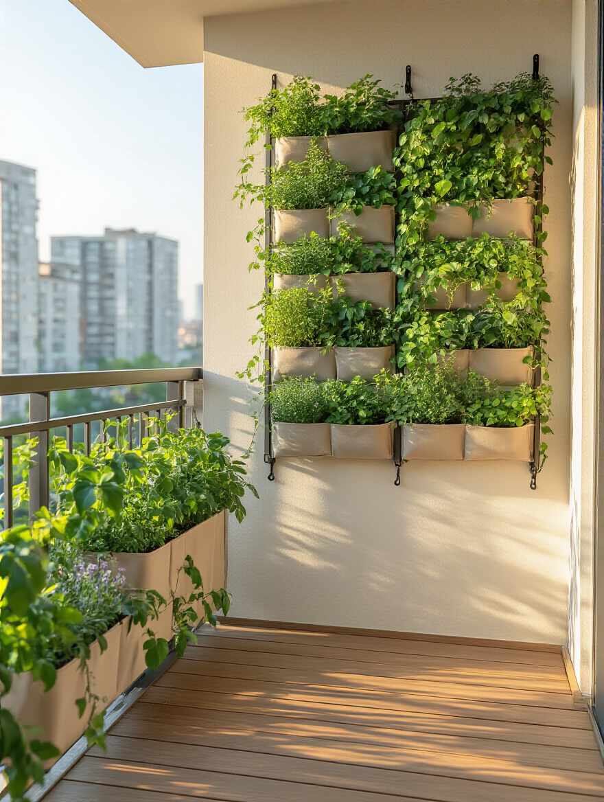 Portrait of a balcony with railing planters and a vertical garden