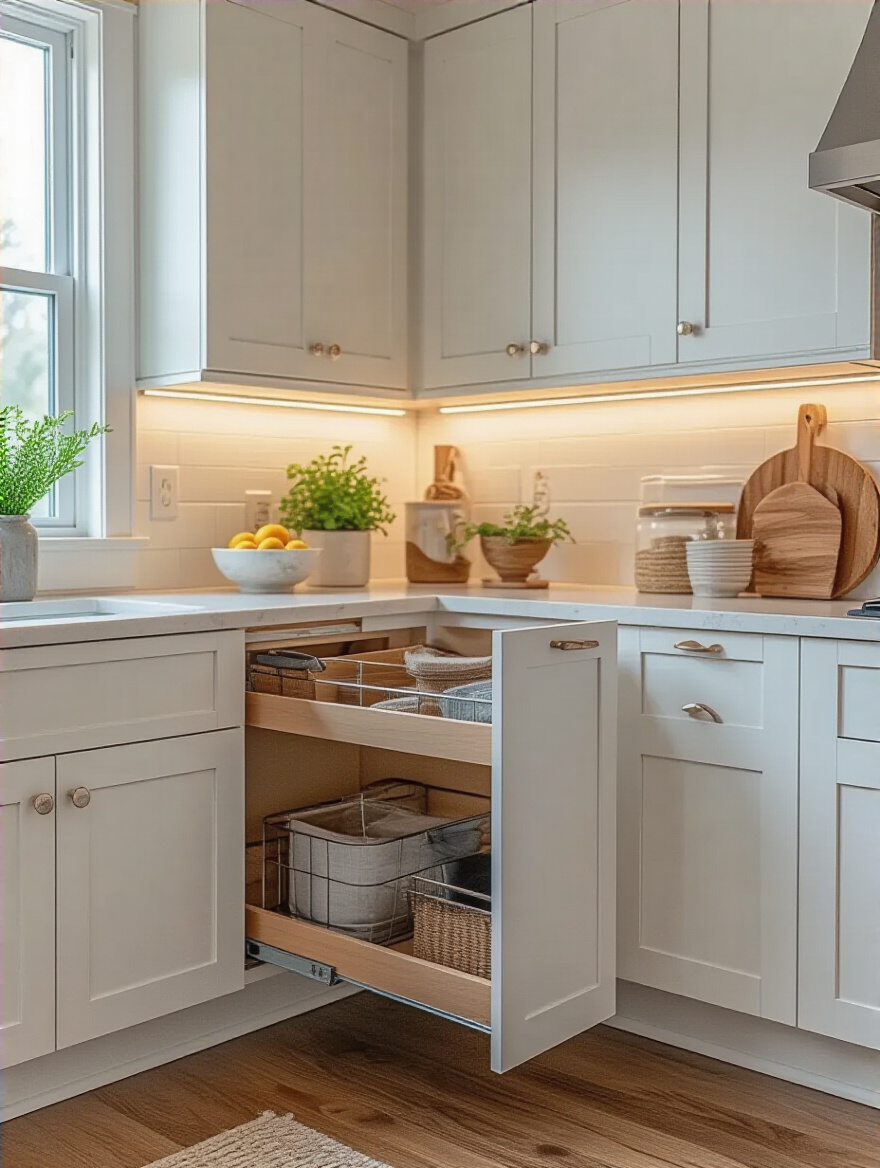 Vertical kitchen portrait highlighting a corner pull out cabinet for maximum efficiency