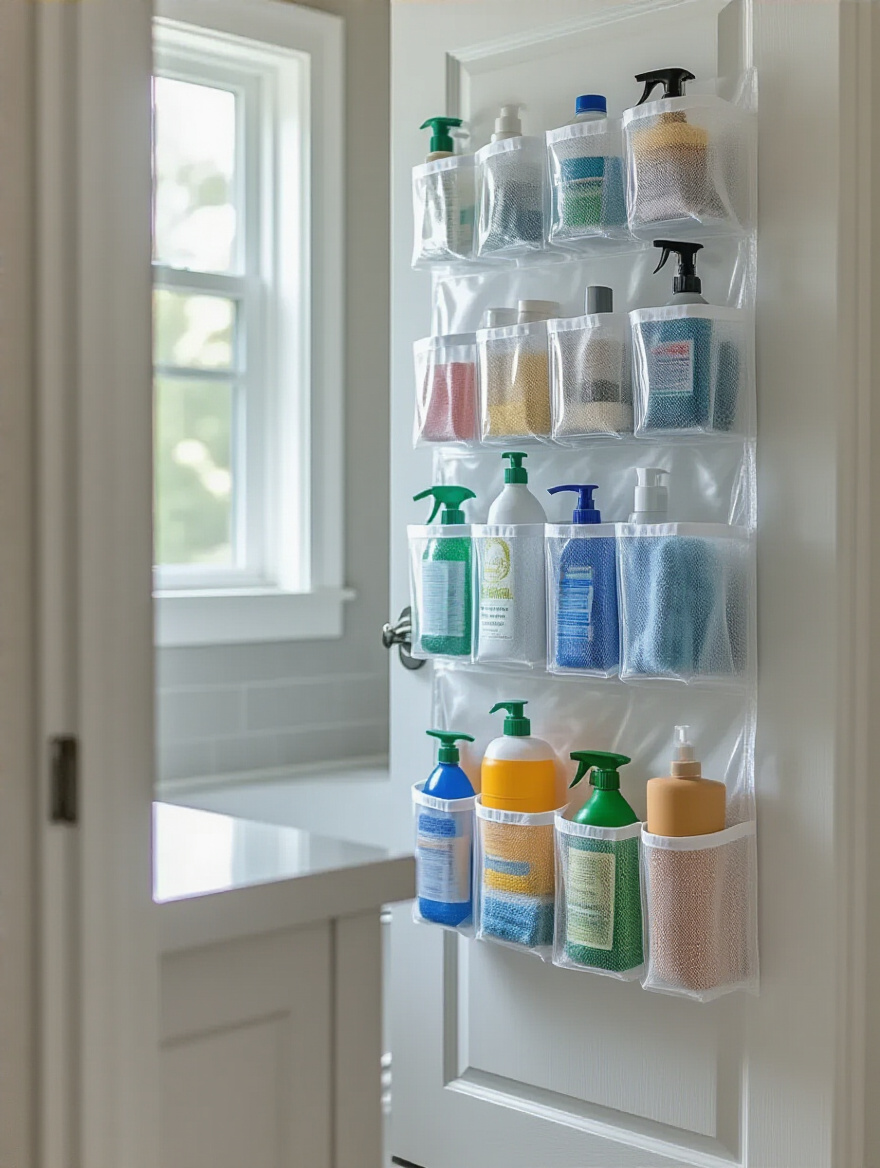 Door-back shoe organizer hanging on bathroom door filled with bottles and cleaning supplies in a small bathroom