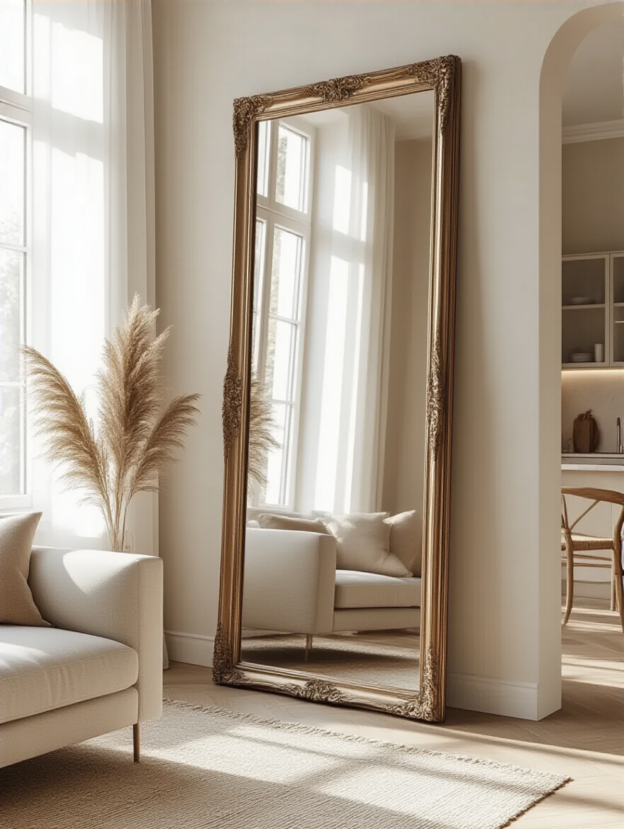 Large decorative floor-length mirror in a modern living room reflecting natural light and adjacent open kitchen