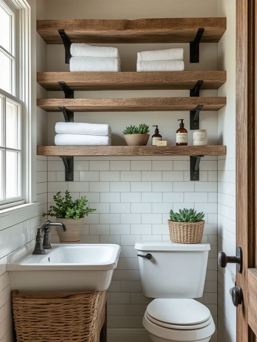 Farmhouse bathroom with open shelving made from distressed wood boards holding towels and decor, bright natural lighting